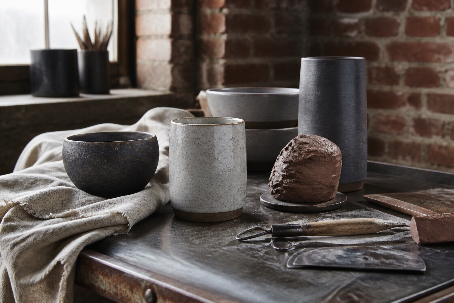 Céramiques artisanales sur table d’atelier